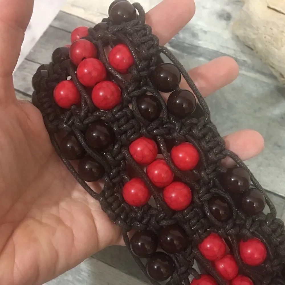 Beaded leather crochet stretch snap belt Medium